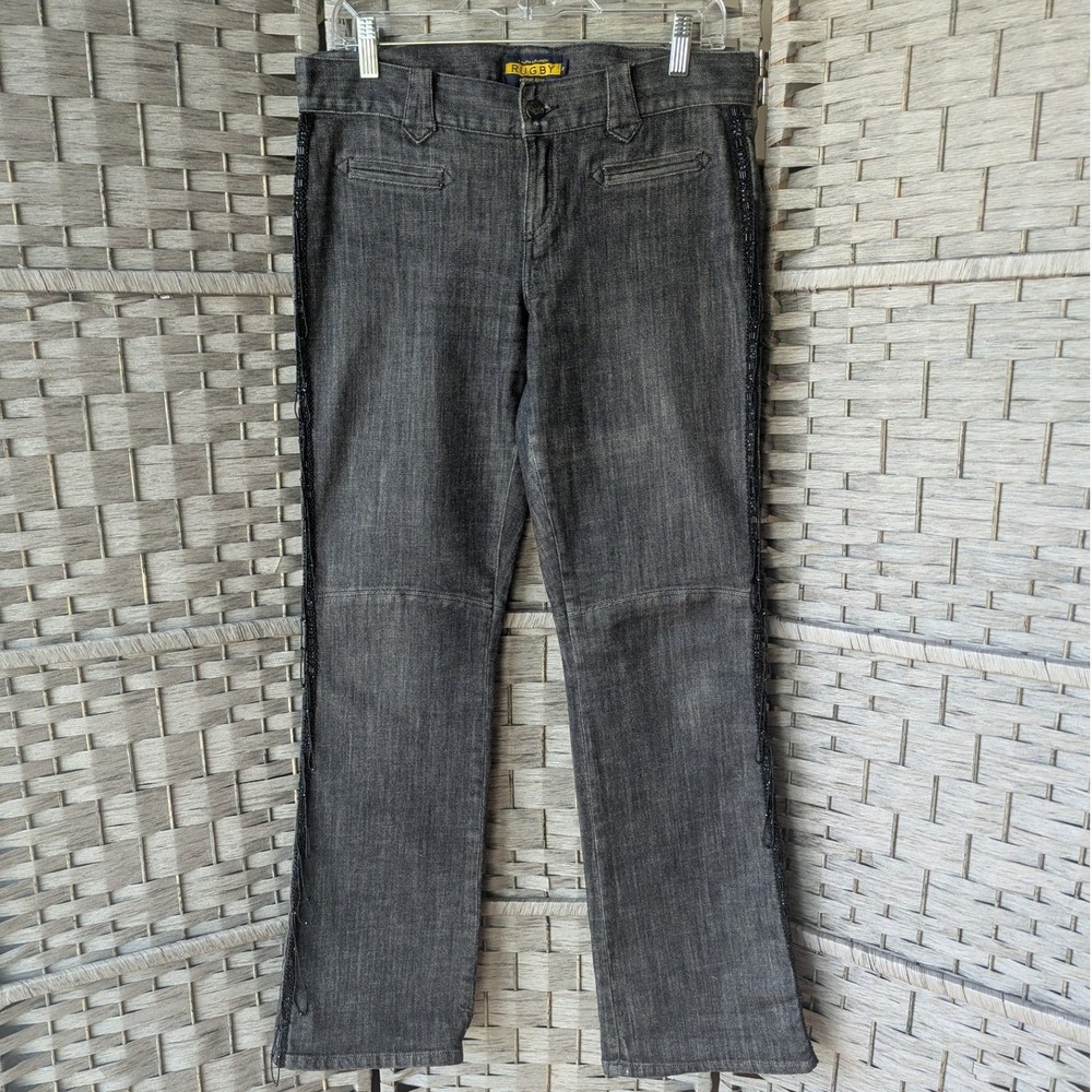 Vtg Ralph Lauren Rugby Jeans Gray Beaded‎ Tuxedo Stripe Denim Pants Womens Sz 29